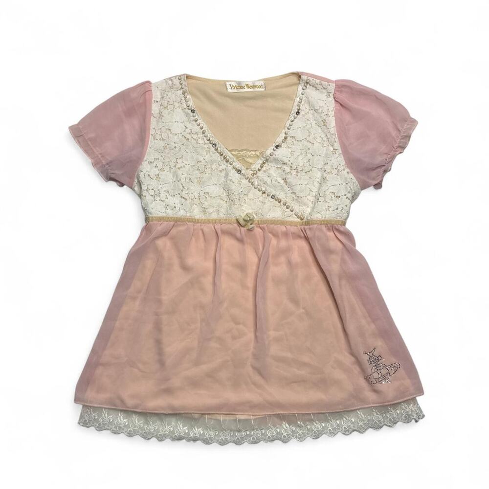 Vivienne Westwood pink lace blouse with pearl details and bow size small